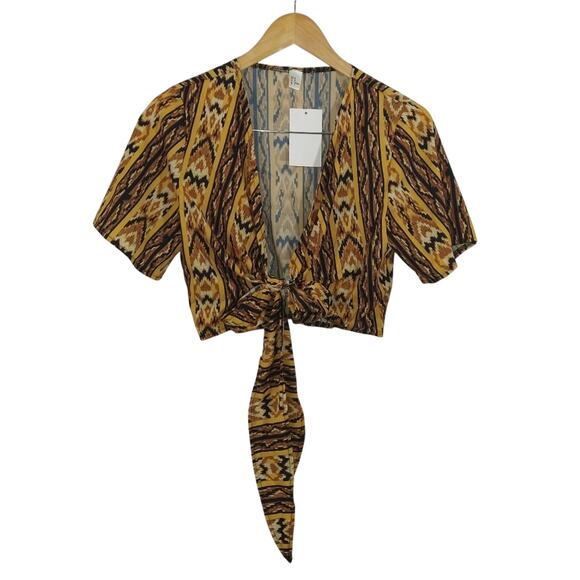 W Southwest Aztec Western Yellow Brown Front Tie CropTop Shirt NWT S Wrap VNeck - Picture 7 of 8